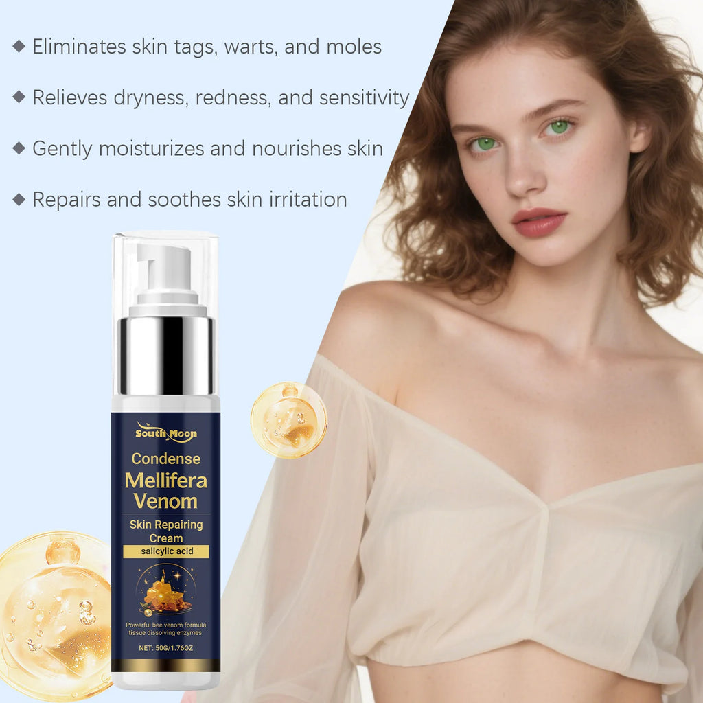 Dark blue pump bottle of skin repairing cream with gold text, featuring benefits for skin tags, moles, and dryness.