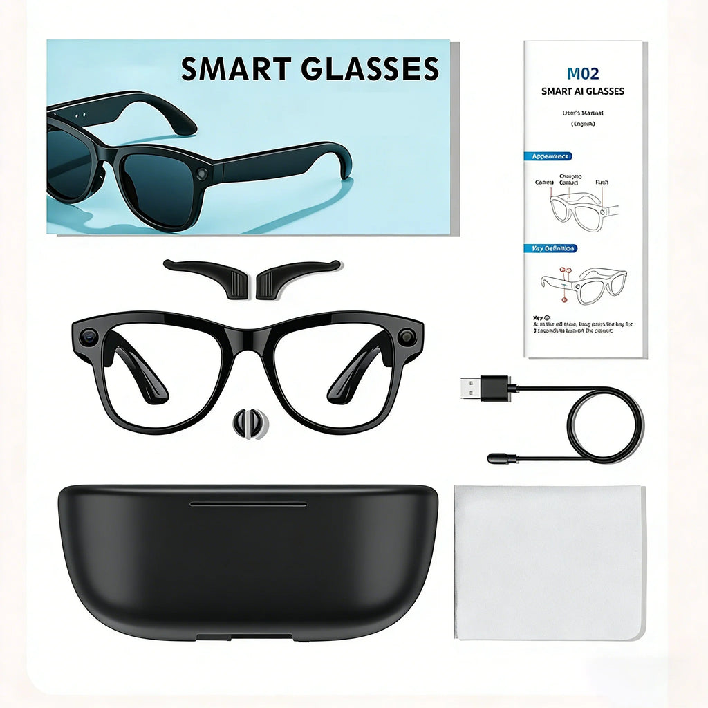 Black smart recording glasses with photochromic lenses, charging cable, carry case, and accessories on white background.