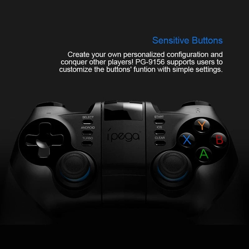 Black wireless gaming controller with multi-colored action buttons and dual analog sticks on a dark background.