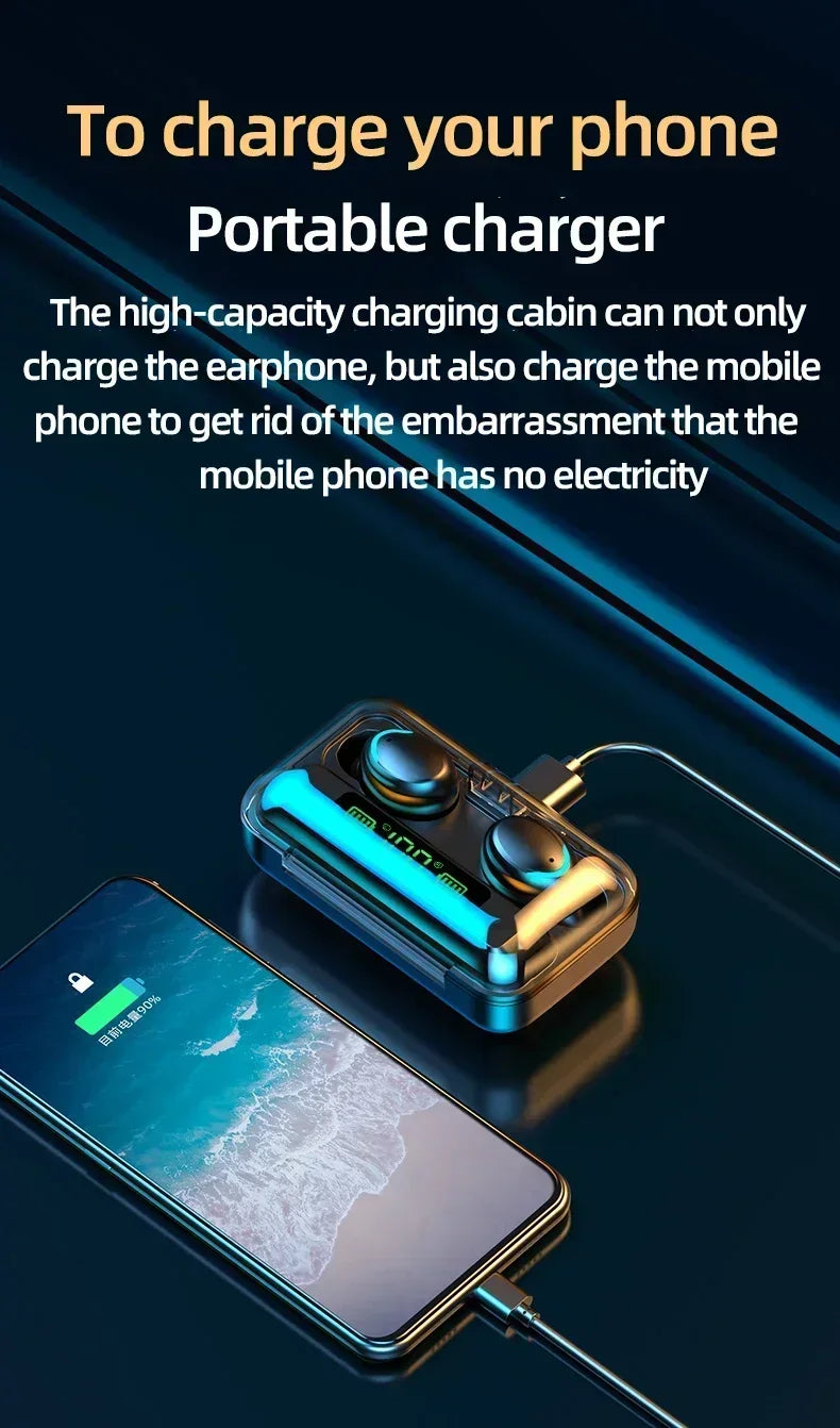 Black wireless earbuds in a transparent, backlit charging case charging a smartphone via cable on a dark background.