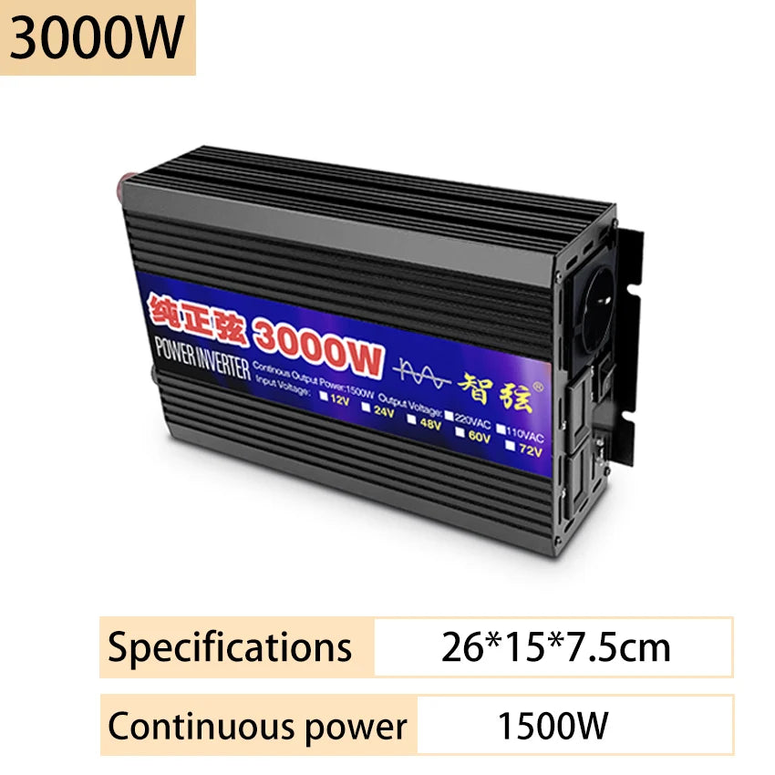 Black 3000W power inverter with a ribbed metal casing, blue label, and side-mounted socket and power switch.