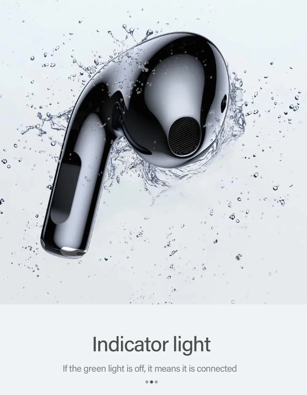 Shiny, metallic black wireless earbud surrounded by water splashes, emphasizing a sleek, waterproof design.