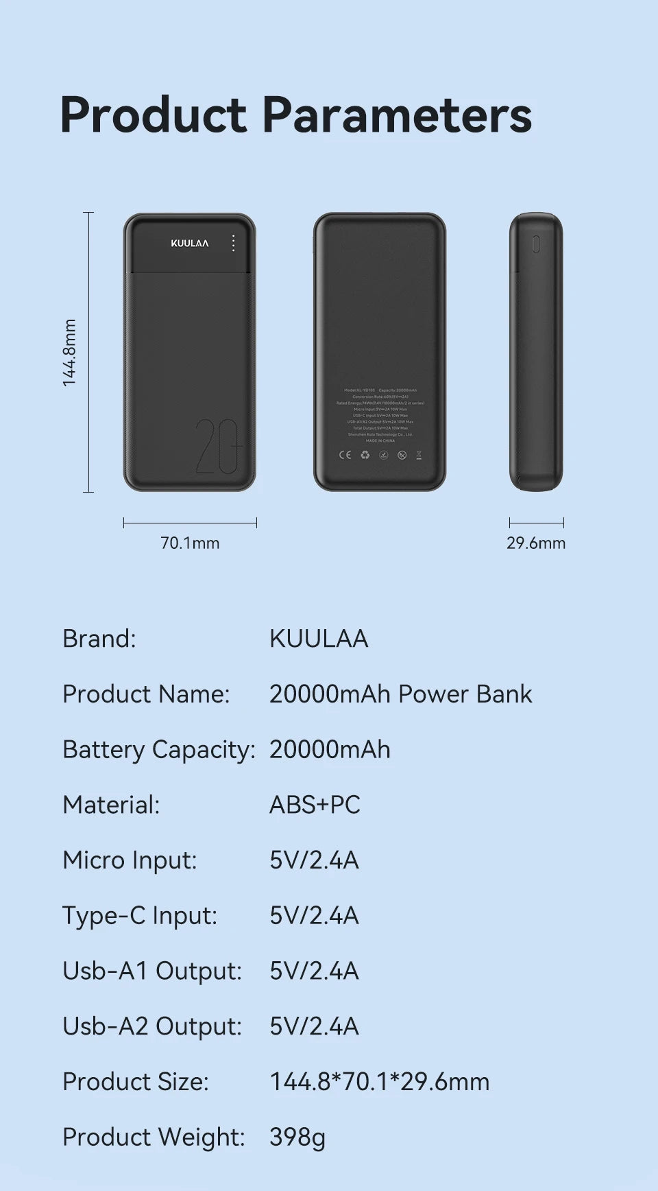 A matte black, slim portable power bank with a 20000mAh capacity, LED indicator, and multiple output ports.