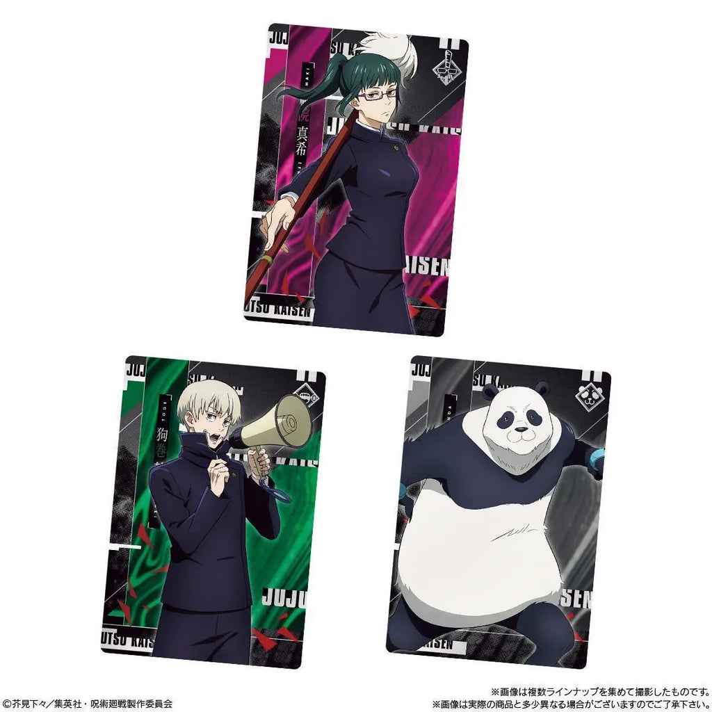 Three rectangular Jujutsu Kaisen anime character collection cards featuring Maki, Toge holding a megaphone, and Panda.