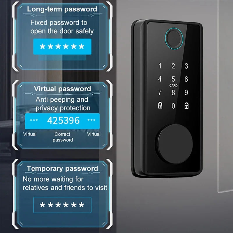 Black smart door lock with a digital keypad, fingerprint scanner, and card reader for keyless entry.