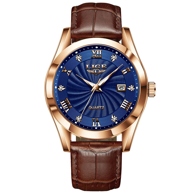 Elegant quartz watch with a blue sunburst dial, rose gold case, and brown croc-effect leather strap.