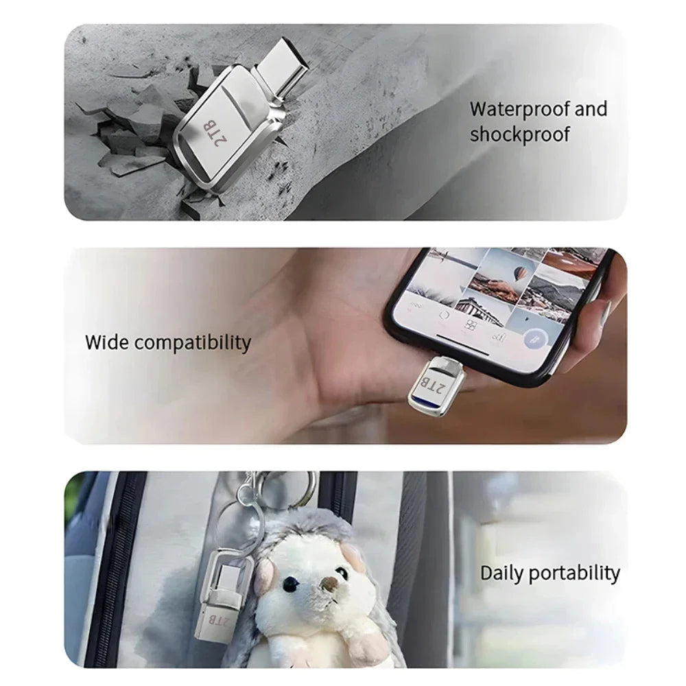 Silver 2TB metal USB-C flash drive: waterproof, shockproof, portable, and compatible with smartphones.
