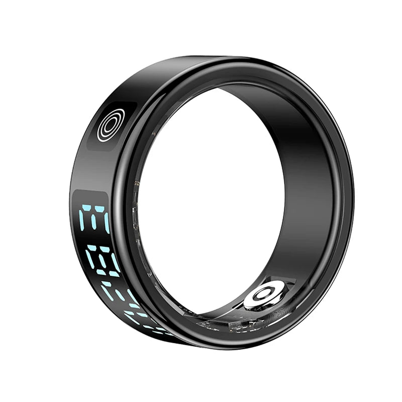 Sleek black smart health tracker ring with digital display, minimalist style, and interior charging contact.