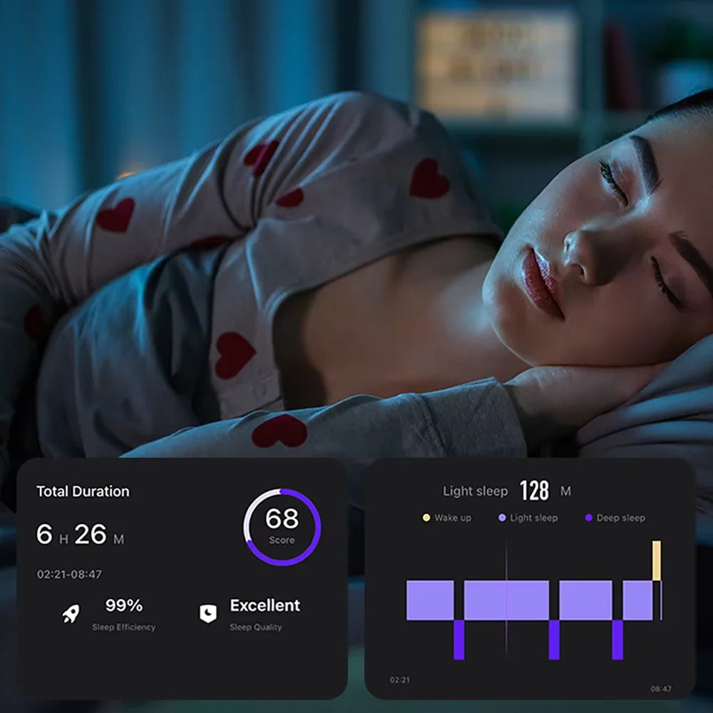 A person sleeping while a digital interface displays health monitoring data like sleep duration and quality scores.