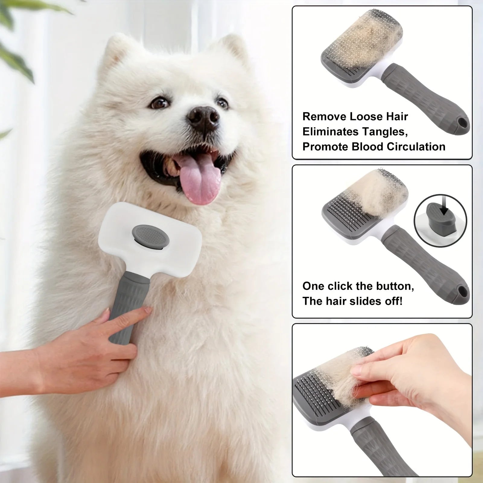 Grey and white self-cleaning pet slicker brush being used to groom a fluffy white dog.