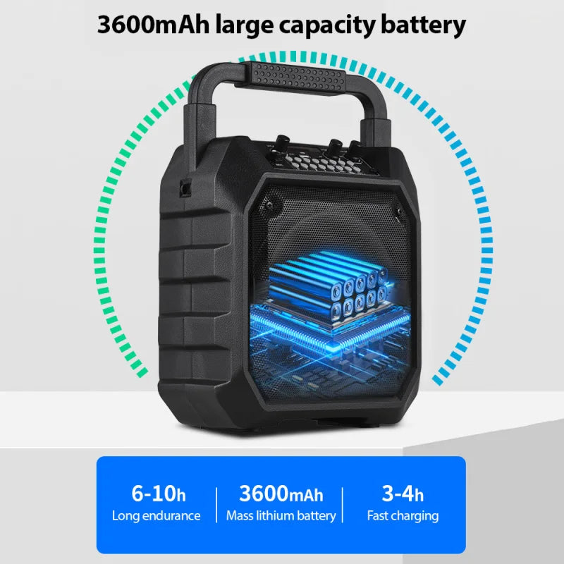 Black portable wireless speaker with a carry handle, blue LED lighting effects, and top-mounted control dials.