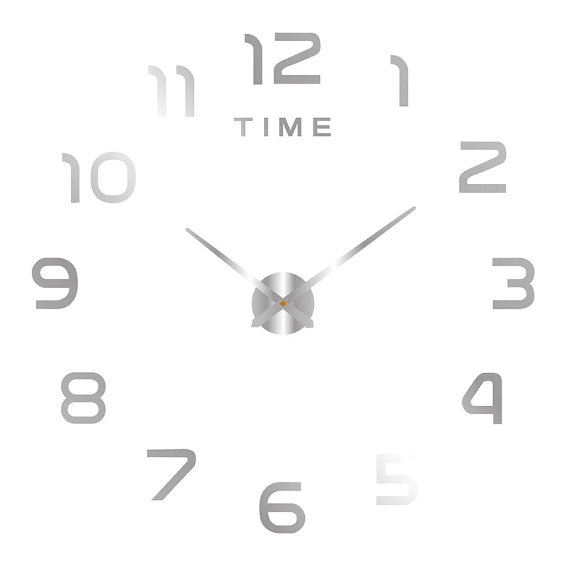 Large frameless wall clock with silver mirrored acrylic numbers and minimalist hands, ideal for a modern living room.