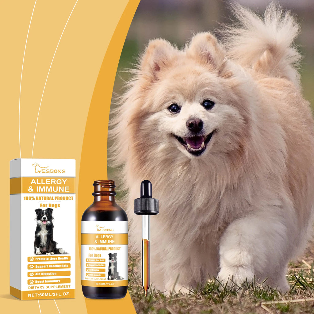 60ml brown glass dropper bottle of natural dog allergy and immune supplement with matching packaging box.