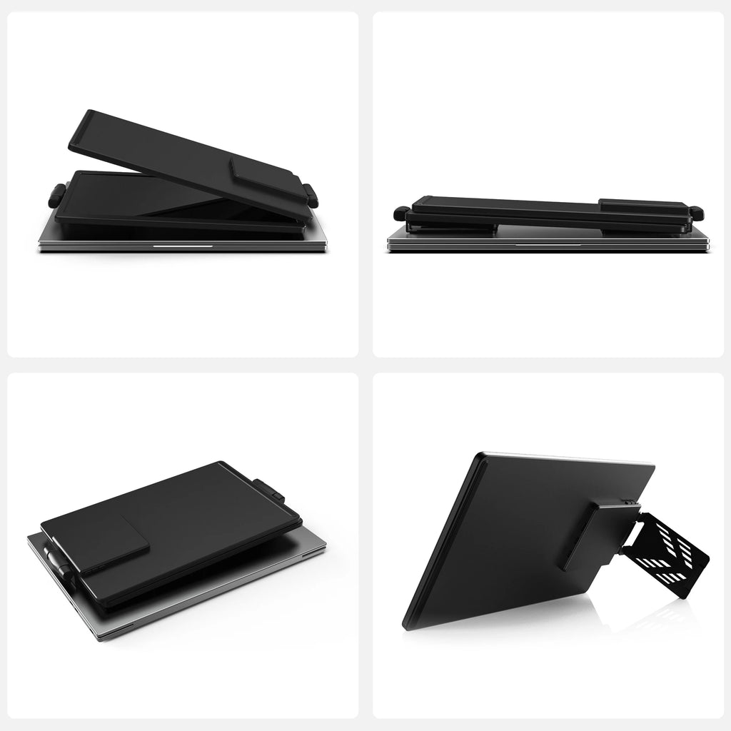 Four views of a slim, black 13.3-inch portable laptop monitor shown folded, stacked, and with an integrated kickstand.