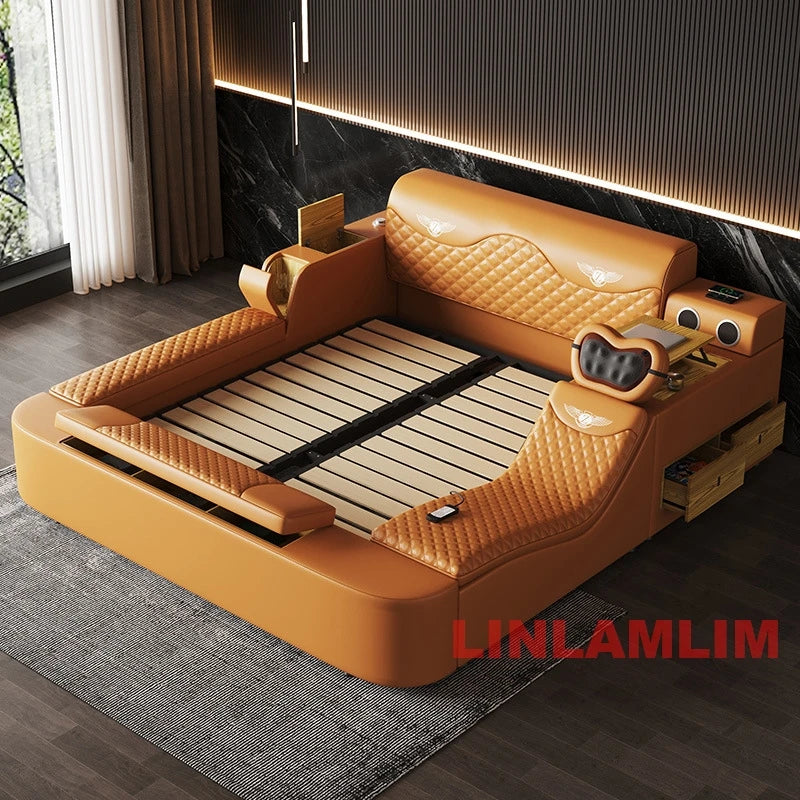 Luxury tan leather bed with integrated storage, built-in speakers, and quilted headboard in a modern bedroom setting.