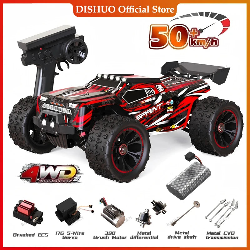Red and black 4WD RC monster truck with off-road tires, controller, battery, and replacement parts.