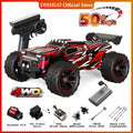 Red and black 1:16 scale 4WD RC monster truck with off-road tires, remote control, battery, and replacement parts.