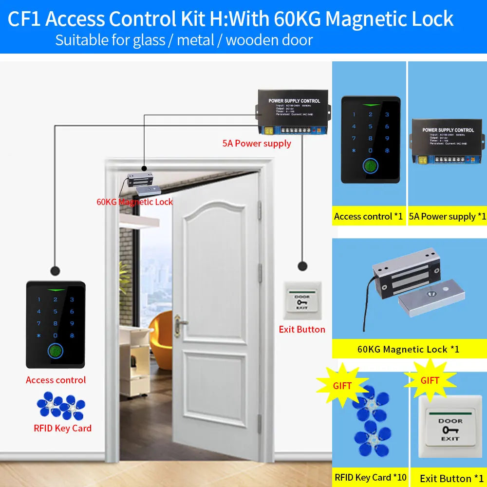 Access control kit with black fingerprint keypad, metal 60kg magnetic lock, power supply, exit button, and RFID cards.