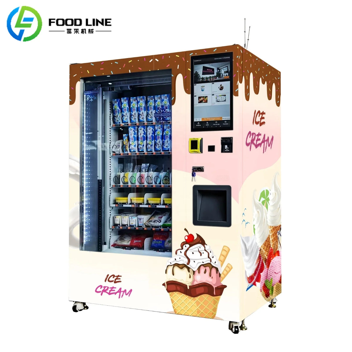 Pink and brown Foodline dessert vending machine with a touch screen, glass display door, and ice cream graphics.