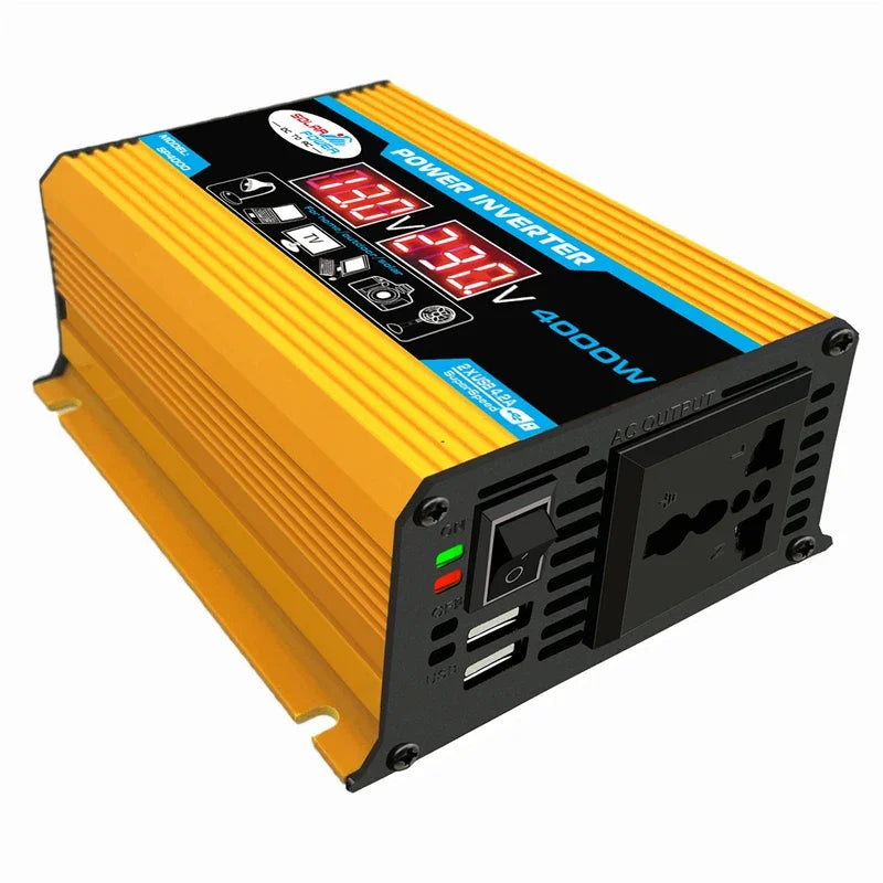 Yellow 4000W car power inverter with digital display, AC outlet, and dual USB ports on a black panel.