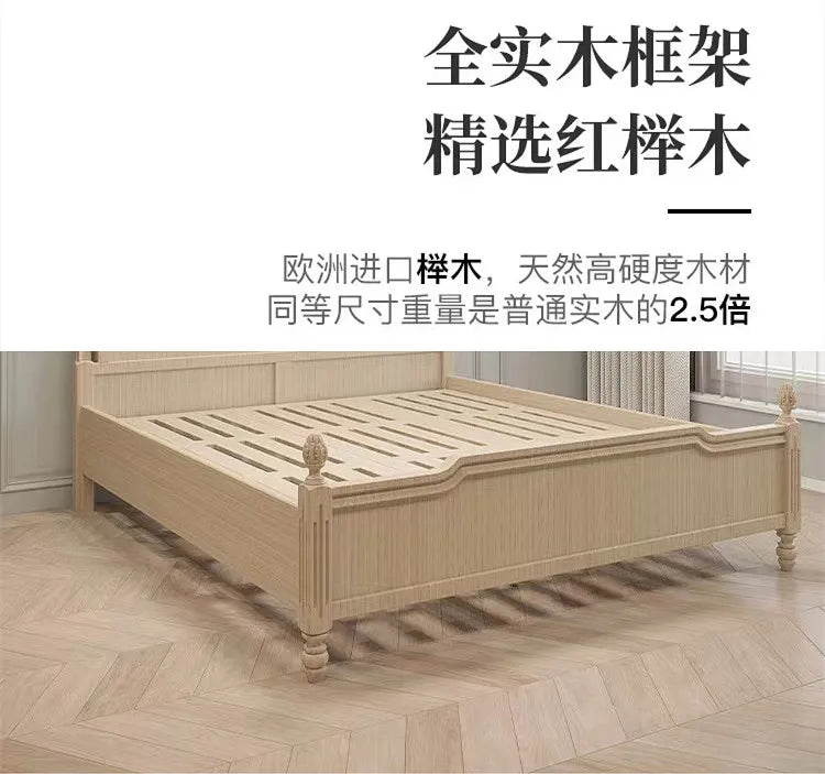 Light oak Italian-style double bed frame with elegant carved finials and a classic slatted base design.
