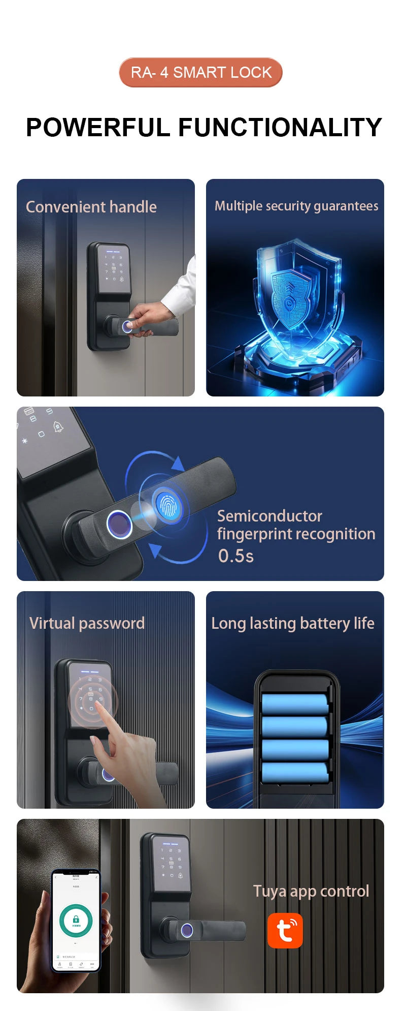 Black smart door lock with fingerprint scanner, digital keypad, and Tuya app control.