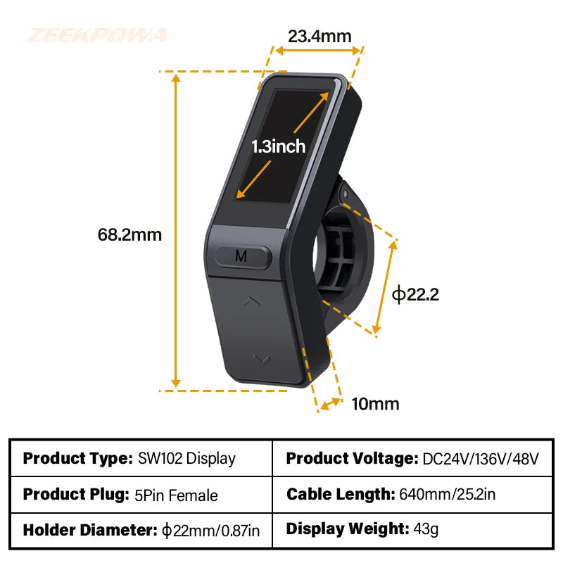 Black SW102 e-bike LCD display with 1.3-inch screen, handlebar mount, control buttons, and dimension callouts.