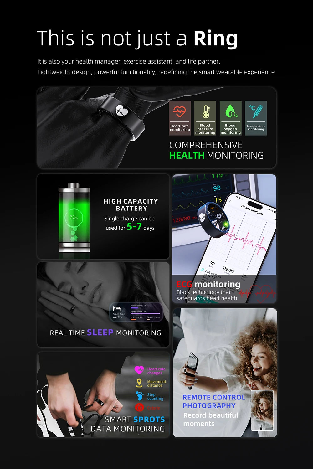 A black, sleek smart fitness ring showing health tracking, sleep monitoring, heart rate data, and camera control features.