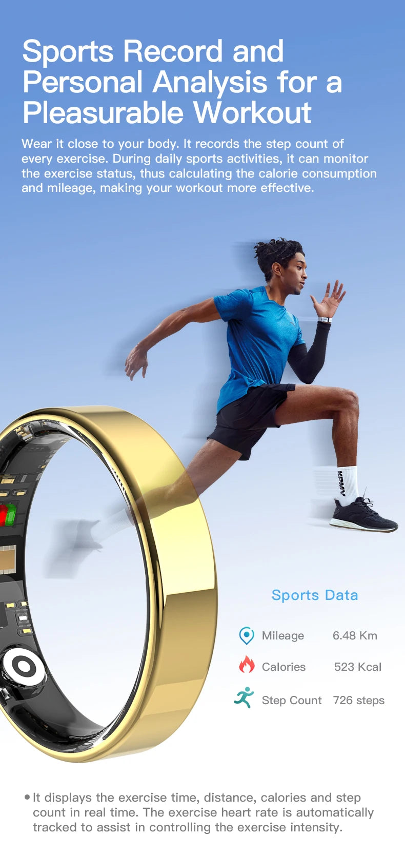 A sleek gold smart health ring shown in close-up next to an athlete running, with exercise stats displayed.
