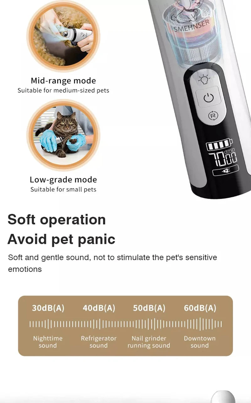 Silver electric pet nail grinder with LED light, featuring speed settings, digital display, and quiet operation.