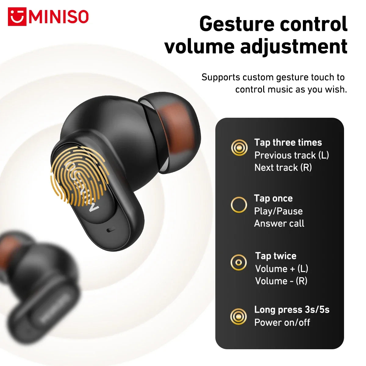 Black wireless earbuds with an ergonomic design and touch control diagram explaining gesture commands.