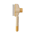 Beige and yellow pet grooming brush with fine metal bristles and a sturdy ergonomic handle.