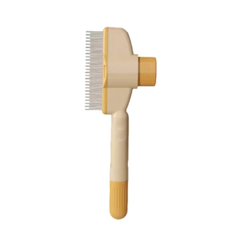 Beige and yellow pet grooming brush with fine metal bristles and a sturdy ergonomic handle.