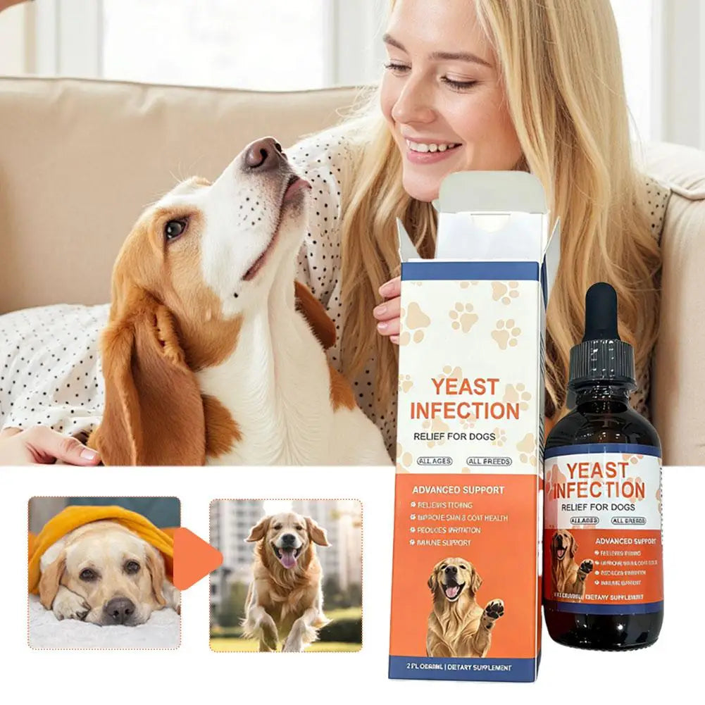 Yeast infection relief liquid for dogs in a dark glass dropper bottle with orange packaging, shown with happy dogs.