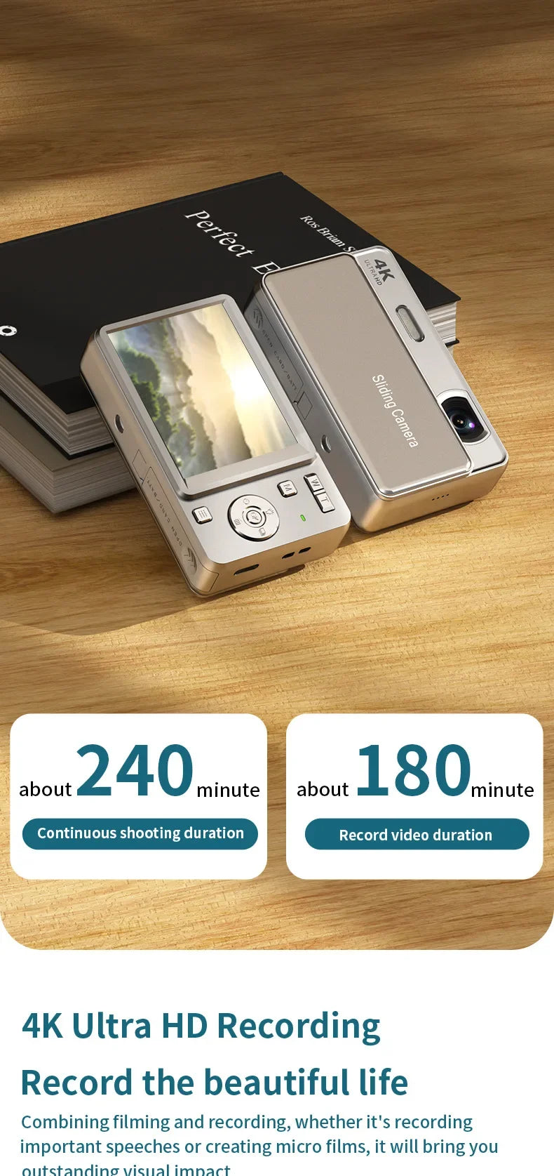 Silver 4K digital sliding camera with screen, buttons, and text indicating long recording and shooting durations.