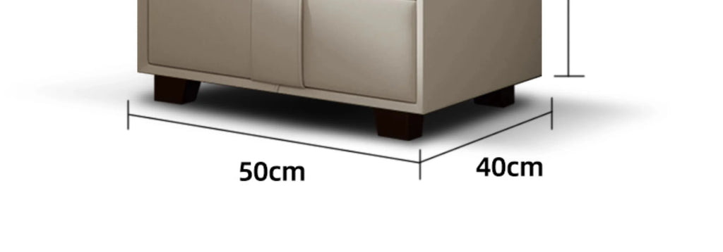 Modern beige padded storage bed base on dark feet, showing dimensions of 50cm width and 40cm height.