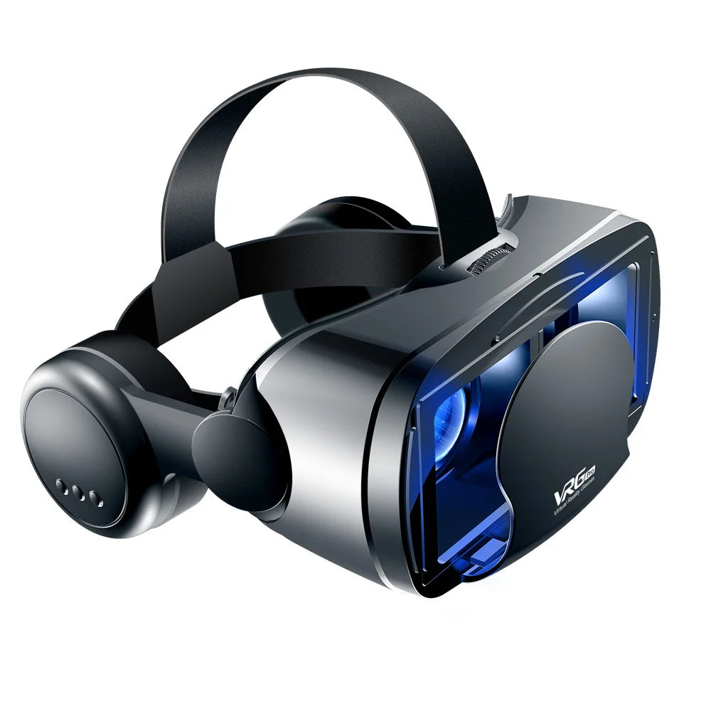 Black virtual reality headset with an adjustable strap, integrated side headphones, and glowing blue lens compartments.