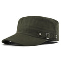 Khaki green military-style flat cap with a decorative side strap, metal buckle and stud detail.