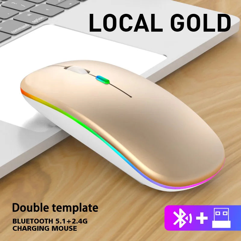 Sleek, gold wireless ergonomic mouse with a white base, silent click buttons, and colourful LED lighting.