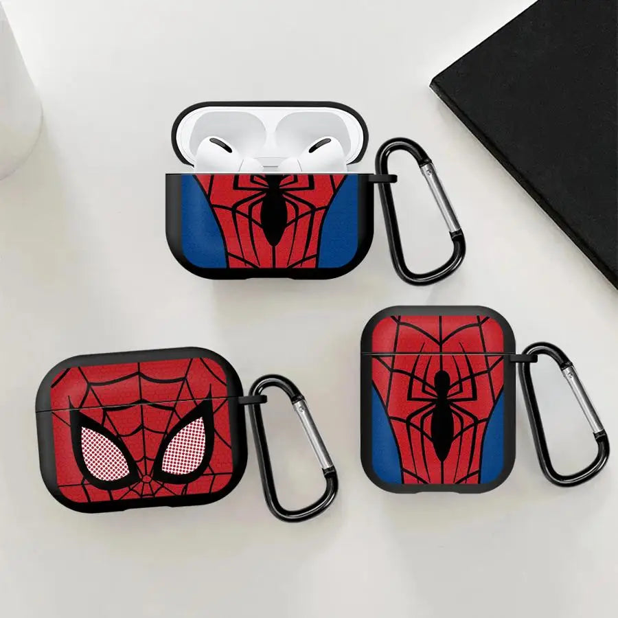 Spider-Man red and blue protective silicone case for AirPods Pro and standard AirPods with black metal carabiner clip.