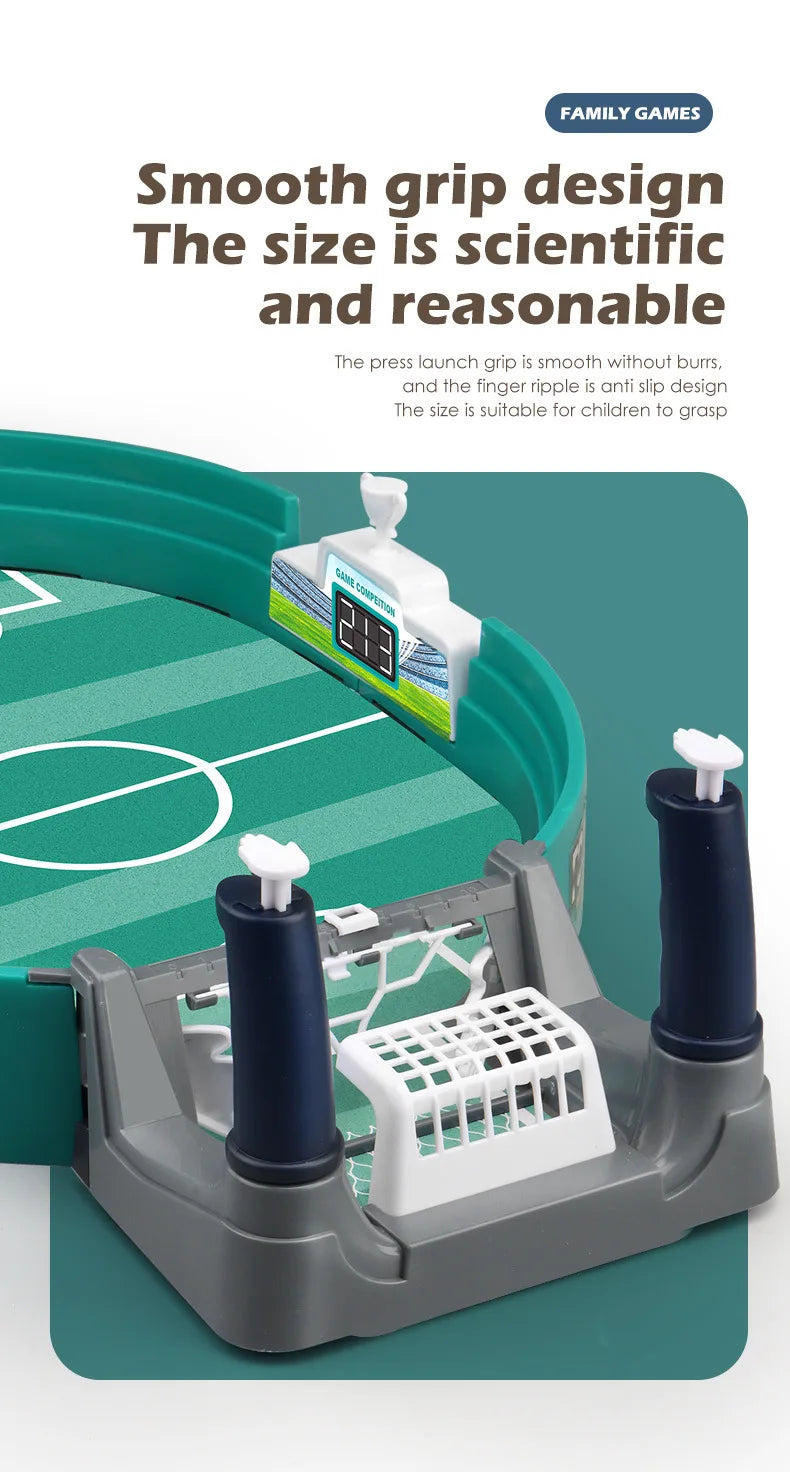 Tabletop football game with green field, scoreboard, and two blue ergonomic launch controllers for kids.