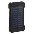 Black, rugged portable solar power bank with a textured grip and built-in solar charging panel.
