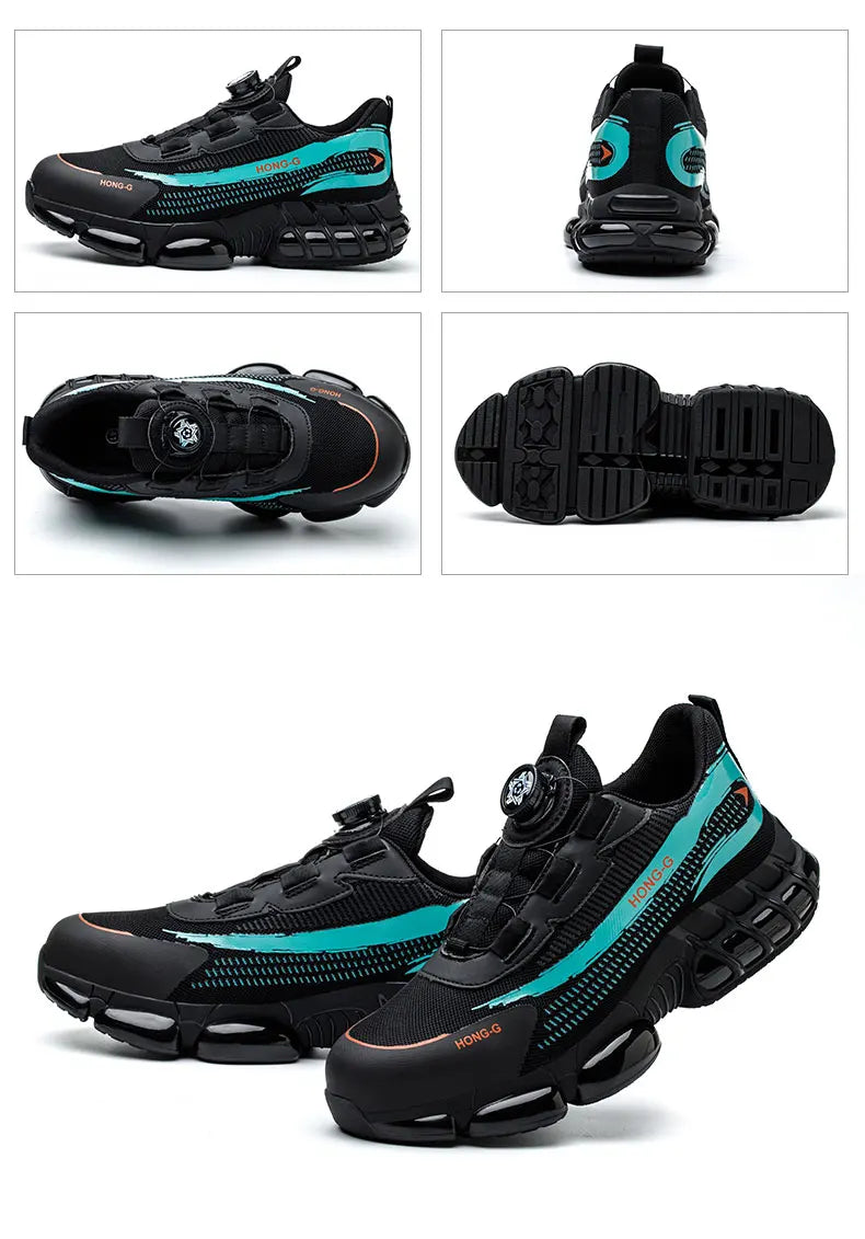 Black and teal steel-toe work trainers with a dial-fit system, rugged grip sole, and puncture-proof design.