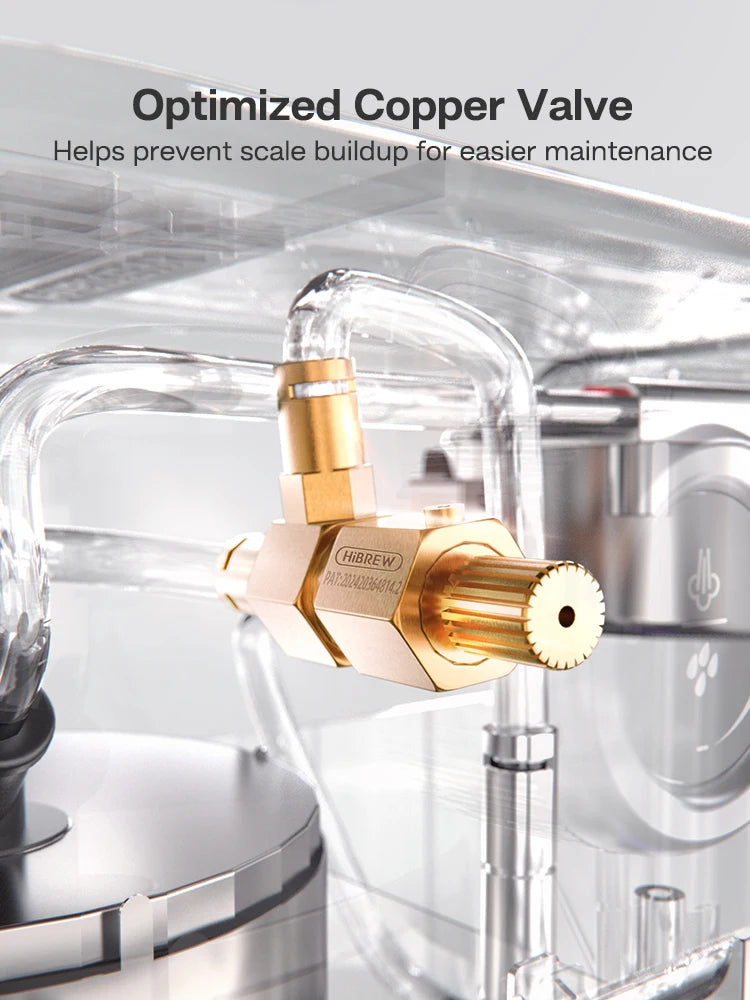Close-up of a brass valve connected to clear tubing inside a machine, with text reading "Optimized Copper Valve."