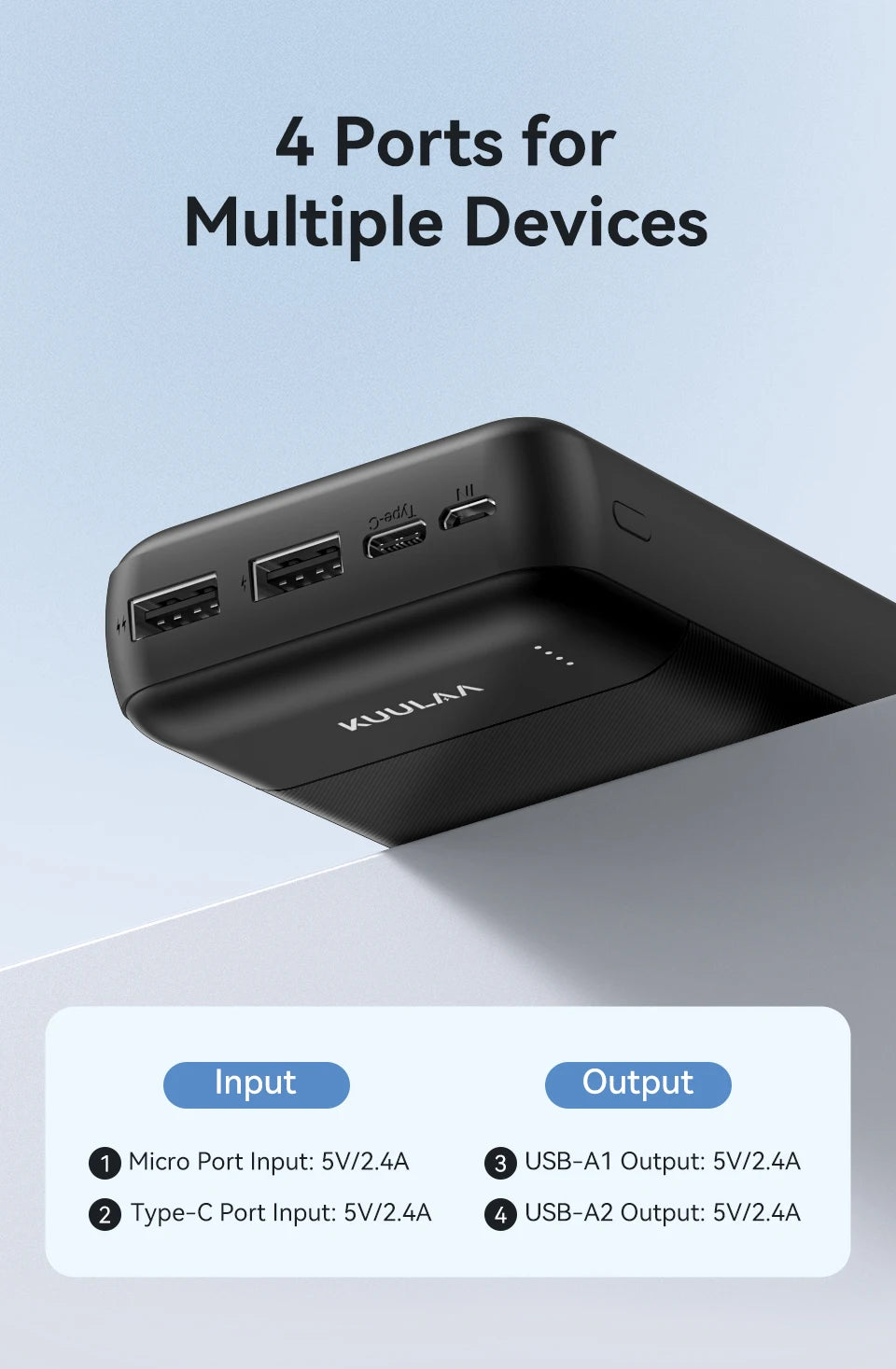 Black 20,000mAh portable power bank featuring four charging ports and an LED battery status indicator.