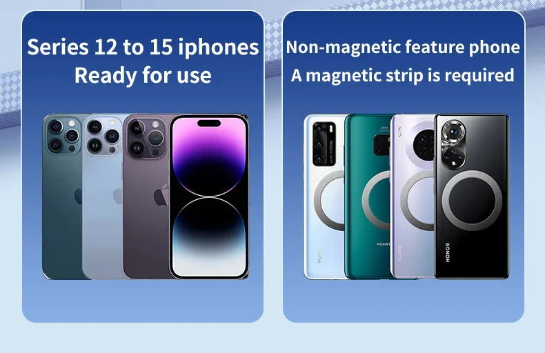 Comparison chart showing multi-colored smartphones, some with magnetic rings attached for wireless charging compatibility.