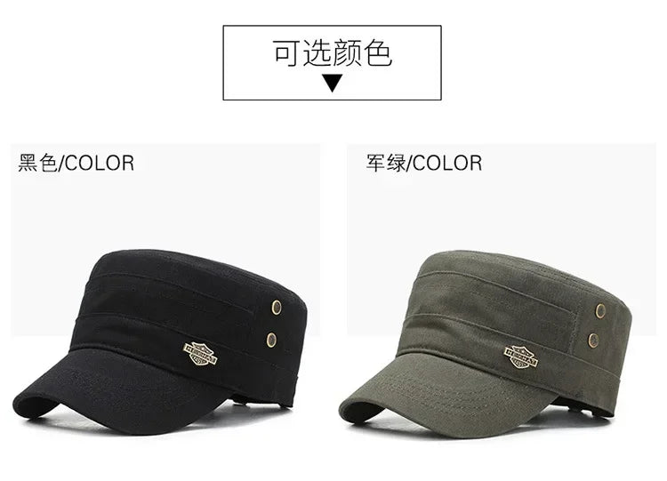 Unisex cotton cadet-style caps in black and olive green, featuring a flat top, curved peak, and side metal details.