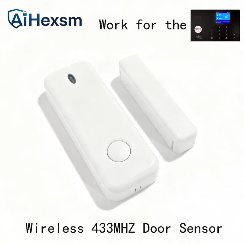 White wireless door and window sensor set with a smart alarm keypad in the background.
