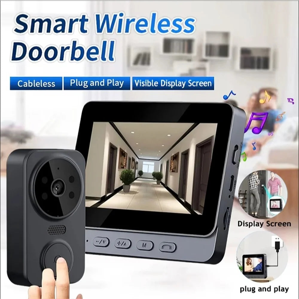 Black wireless video doorbell with a separate display screen showing a clear corridor view. Includes night vision.