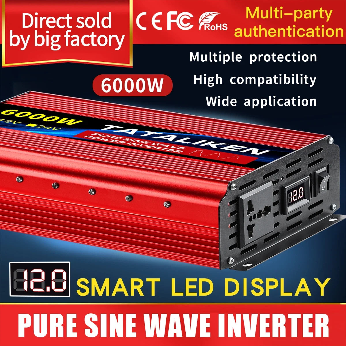 A red 6000W pure sine wave power inverter with a digital LED display, AC socket, and cooling vents.
